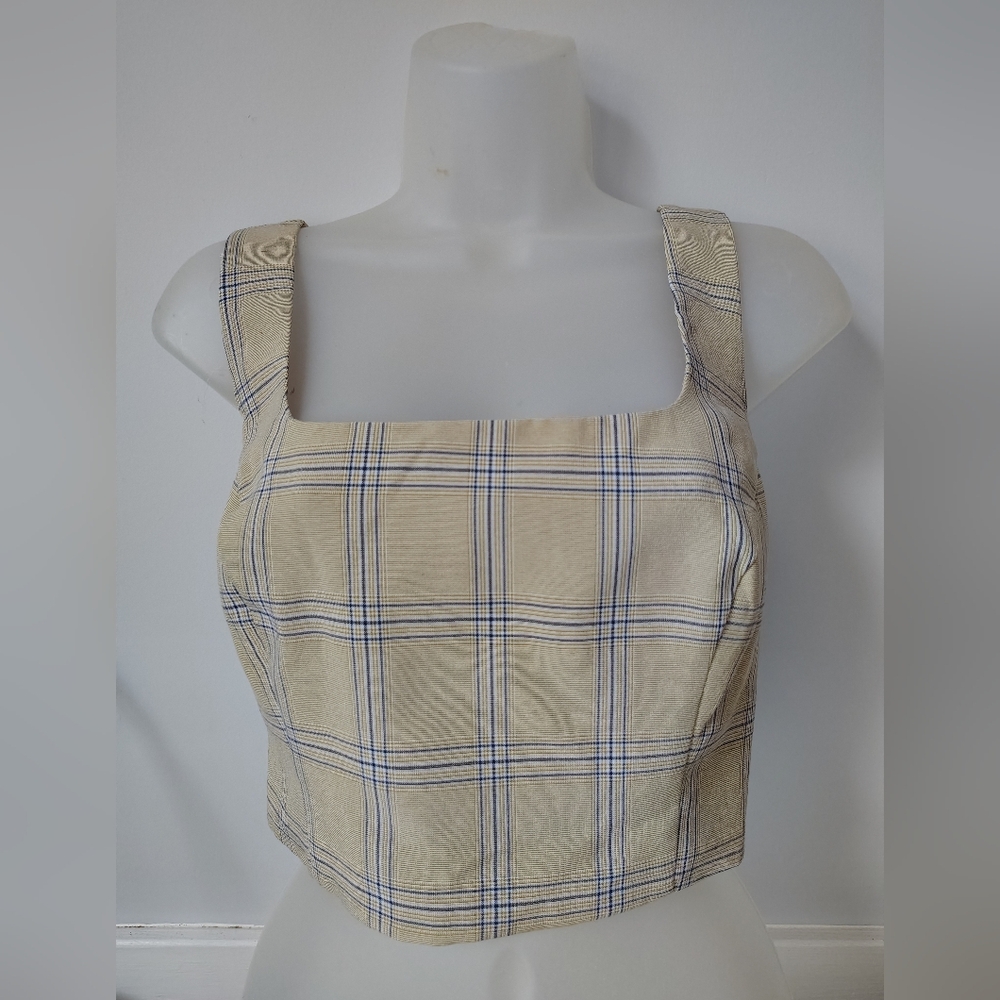 re:named Beige and Blue Plaid Tank Top Large